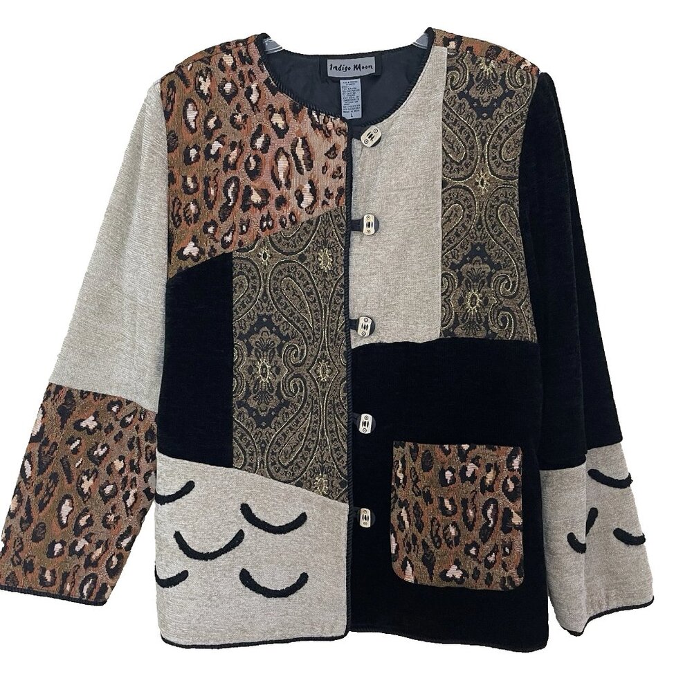Indigo Moon Patchwork Tapestry Chenille Blazer Jacket Large Animal Print Artsy